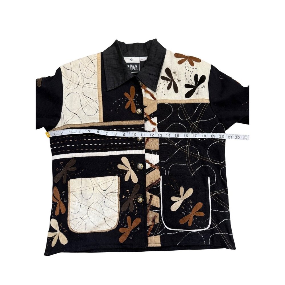Yak Magik Women Size S Jacket Patchwork Art Embroidered Dragonfly Black Cream - Picture 6 of 8